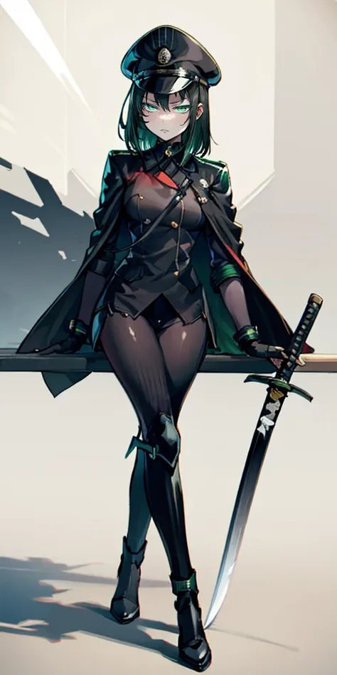 allmind, short hair, black hair, bangs, curvy, anatomical correct, outfit-blackgh, 1girl, solo, looking at viewer, full body, crossed legs, katana, sheath, peaked cap, sheathed, military hat, hollow eyes, green eyes, lips, cheek, expressionless, glaring ey...