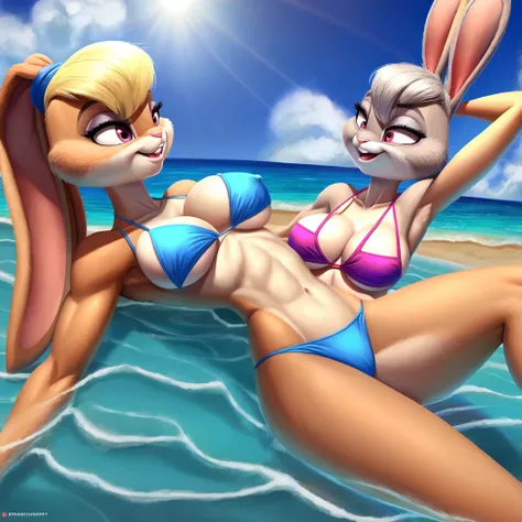 ((Best quality)), ((masterpiece)), (detailed), Lola bunny, Judy hops, 2 persons, two characters, Lola bunny: high, Medium breasts , long legs, wide hips, bikini, Judy hopps: серый skin, rabbit, grey rabbit,low, Large legs, bikini, big breasts,kissing, Judy...