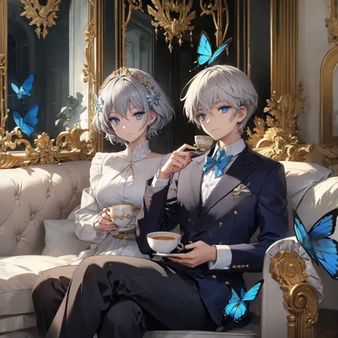 (((1 person　gray hair　gold-edged sofa　blue eyes)))　((high resolution　short hair　noble clothes　rin々funny face))　((close-up))　((bl...