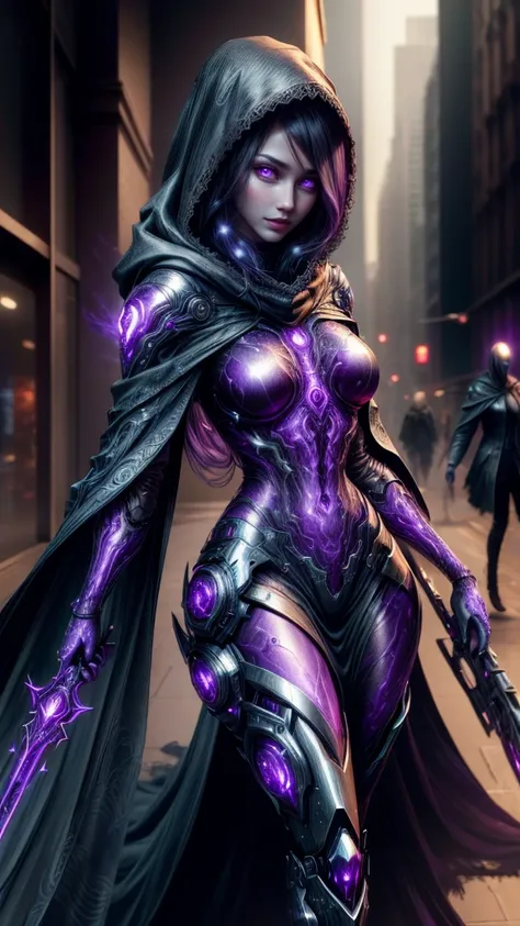 a dark fantasy cyberpunk android woman, 1 girl, highly detailed, hyper realistic, masterpiece, 8k, photorealistic, beautiful detailed eyes, beautiful detailed lips, extremely detailed face, long eyelashes, long white hair, shawl, black coat, glowing purple...