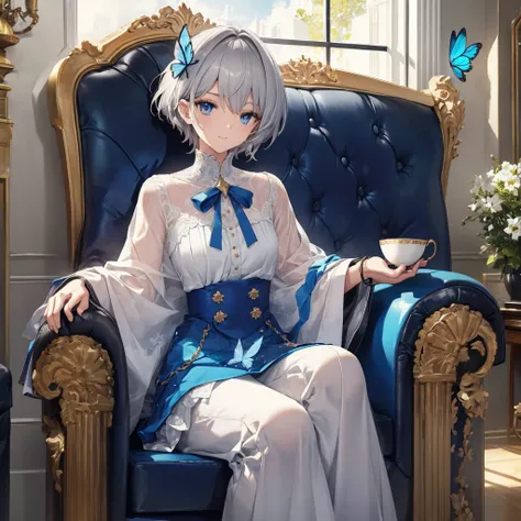 (((1 person　Gray Hair　Gold-edged sofa　blue eyes)))　((High resolution　short hair　Noble clothes　Rin々Funny face　Cat))　((Close-up))　((Blue Butterfly　Asahi　Shining Aura　Holding a cup　Drinking tea))　(smile　Bathed in light)　Shining Background　Shining Edge