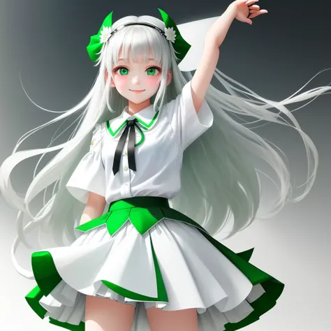 One girl, (masterpiece:1.1), (Highest quality:1.1), (White blouse:1.1), (Shorts:1.1), ,, school bag, break [green:pink:0.5] theme, (Gradient Background:1.1), Cowboy Shot, Split the silver, Long Hair, Green Eyes, Delicate headdress, Look to the side, Think ...