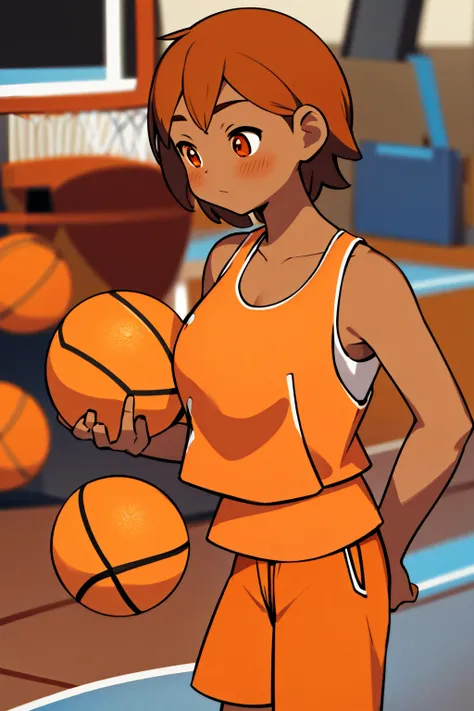 tanned, tan skin, At, orange tank top, orange shorts blush Super huge big breasts breast enlargement Standing alone on the basketball court full-body shot