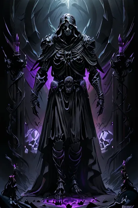 (full body:1.4).((dynamic:1.3)).skeleton with purple lights in eye sockets.(realistic illustration:1.3),((dark fantasy:1.4)).((m...