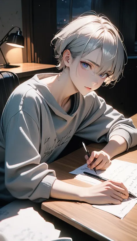 (8K, RAW photos, best quality, masterpiece: 1.4), (((Boy writing with pen on table)))，Ultra-high resolution, Extremely detailed, light, Desk lamp close-up, handsome boy, black eyes, (delicate eyes, Eyes are bright:1.2), Gray short hair, Fair skin,dark, Gre...