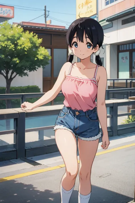  solo, 1girl, tamako kitashirakawa, , looking at viewer, smile, ,,outdoor,socks,camisole,denim shorts,big breasts