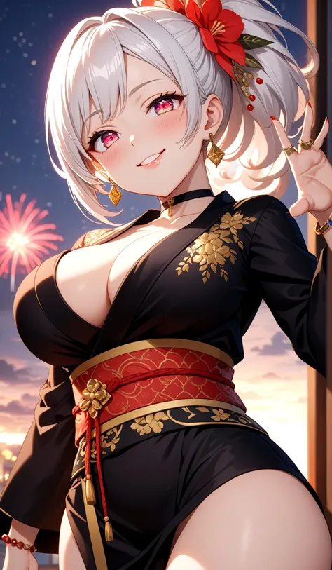 ((One personの女性)), Beautiful Face, head tilt, ((seductive smile)),((Wink:1.8)), Laugh with your mouth wide open,((Bright red cheeks:1.4)),Shiny red lips,night,rooftop,You can see the ocean, firework,Laughing with your mouth open,Glossy pink lips,Facial lig...