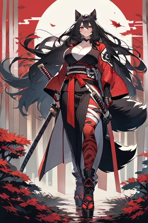 Dog woman, tall, brunette, long black hair, defined, large breasts, long and furry tail, dressed like a Ronin ,  a
sheathed katana, Crimson leaf forest background