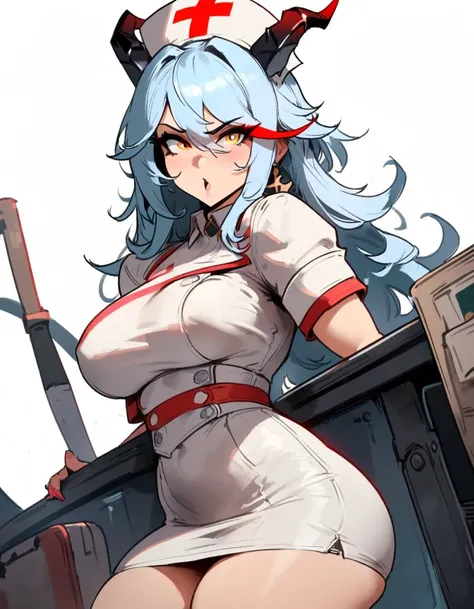 1girl, aegir (azur lane), azur lane  masterpiece, best quality, very aesthetic, absurdres, newest  sportive body,   by nyantcha,,by cutesexyrobutts,by khyle ///// white hair with a single prominent red streak, black horns, yellow eyes,  , white (nurse outf...