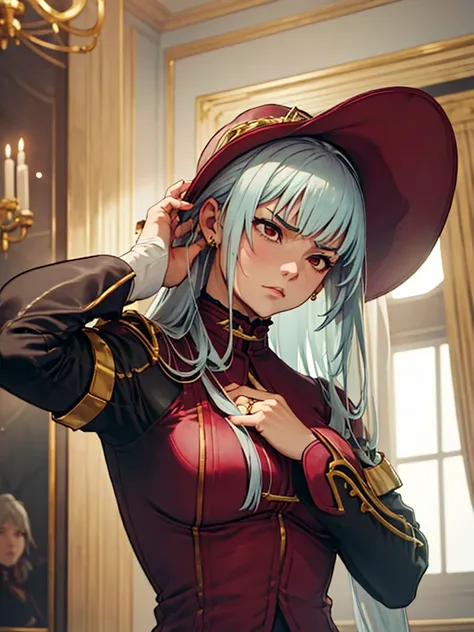 (​masterpiece、top-quality、hight resolution、Unity 8k Wallpaper、extremely details CG:1), A wealthy, gentle housewife is depicted in a luxurious room, clearly frustrated due to being deprived of her usual indulgences. Her expression shows a mix of annoyance a...