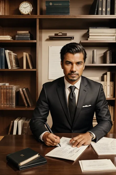 “A portrait of a man in a formal suit and tie, sitting at a desk with a stack of papers and a pen in front of him, The background should be a bookshelf filled with leather-bound books”