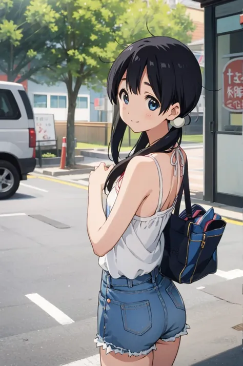  solo, 1girl, tamako kitashirakawa, , looking at viewer, smile, ,,outdoor,socks,camisole,denim shorts,ass,from back