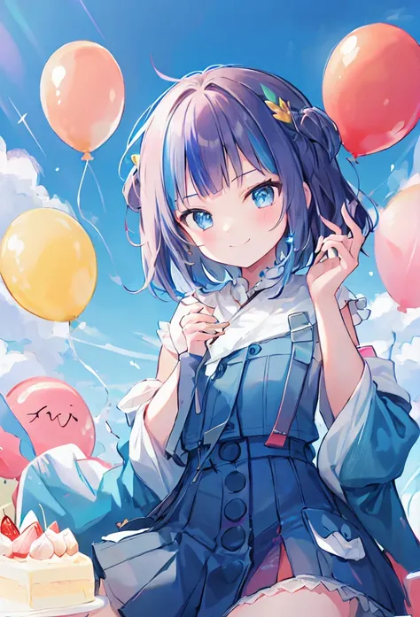 Blue Hair、short hair、Eating cake、Celebrating、Balloons in the background、One smiling girl