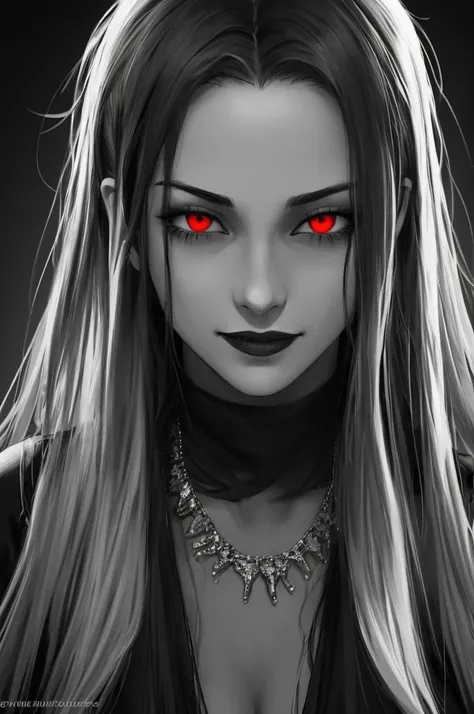 Goth man, solo have 3 faces, the first face has an evil aura, the second face has a sad aura and the third face has a happy aura, the face with a happy aura is in the middle position, long hair, looking at viewer, red eyes, jewelry, necklace, black backgro...