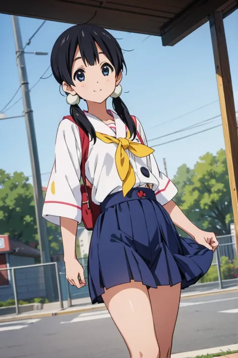 solo, 1girl, tamako kitashirakawa, , looking at viewer, smile, ,,outdoor,thigh