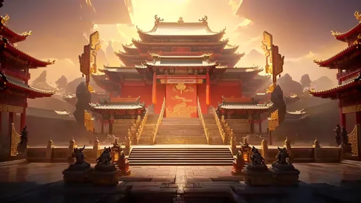 a picture taken from the inside of a chinese temple with statues, temple background, beautiful render of tang dynasty, cyberpunk chinese ancient castle, by Yang J, background depicting a temple, g liulian art style, riot games concept art, feng zhu concept...