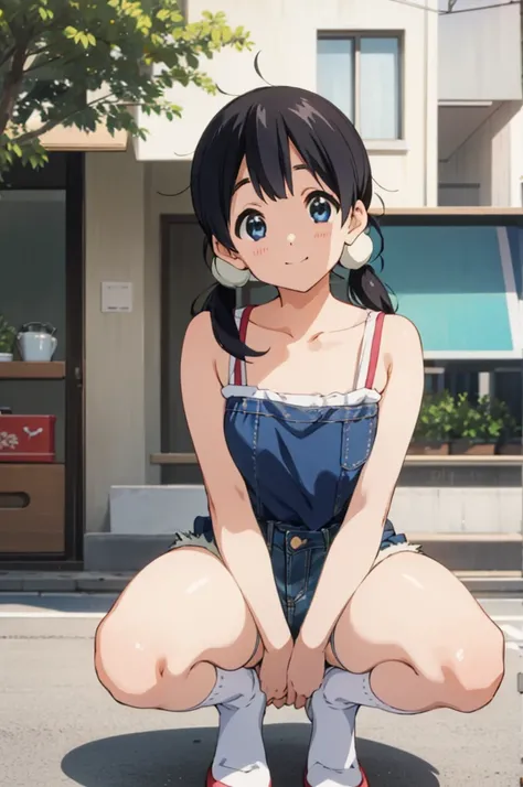  solo, 1girl, tamako kitashirakawa, , looking at viewer, smile, ,,outdoor,socks,camisole,denim shorts,squatting,open legs,spread legs,thigh