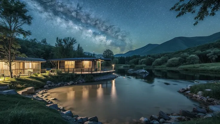 A forest at night where you can hear the murmuring of a river、I can see the hut