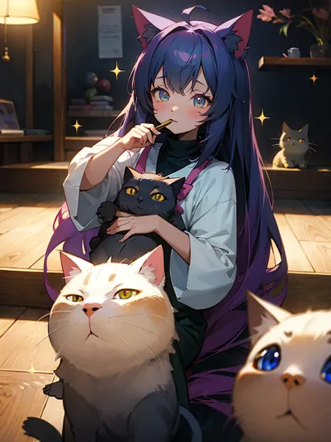 An anime cat girl bats a ball of yarn in a cozy cat cafe with sparkling eyes.