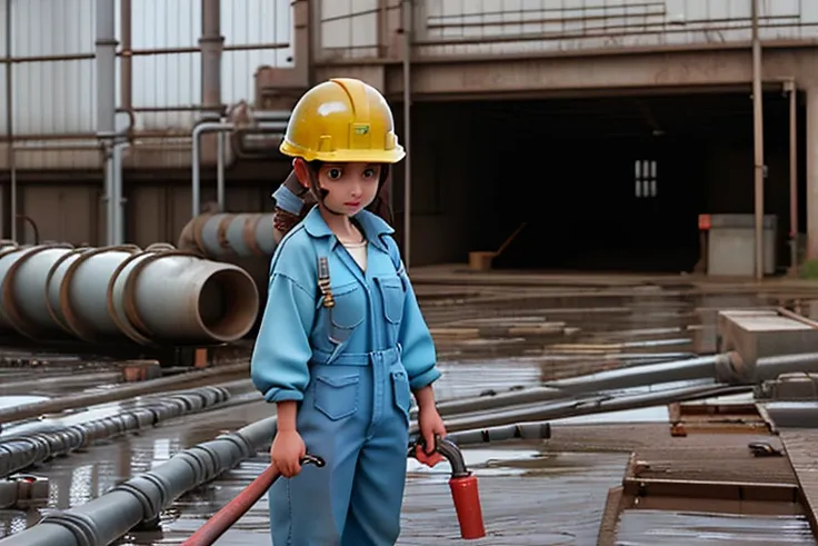 High resolution,high quality,(Perfect body),factory,factoryプラント,Thick Pipe,Many pipes,Wet ground,One Girl,Light blue workwear,Yellow Safety Helmet