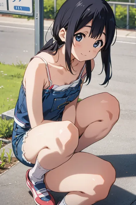  solo, 1girl, tamako kitashirakawa, , looking at viewer, smile, ,,outdoor,socks,camisole,denim shorts,squatting,open legs,spread legs,thigh