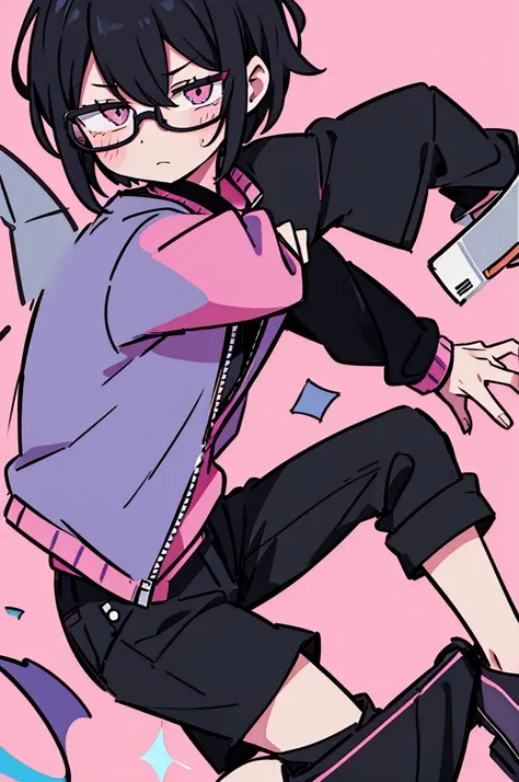 black pants, Sharp image, man, Black hair with pink ends, wearing a pink jacket. , has a dull, bored face, wears round glasses, has short, neat hair,