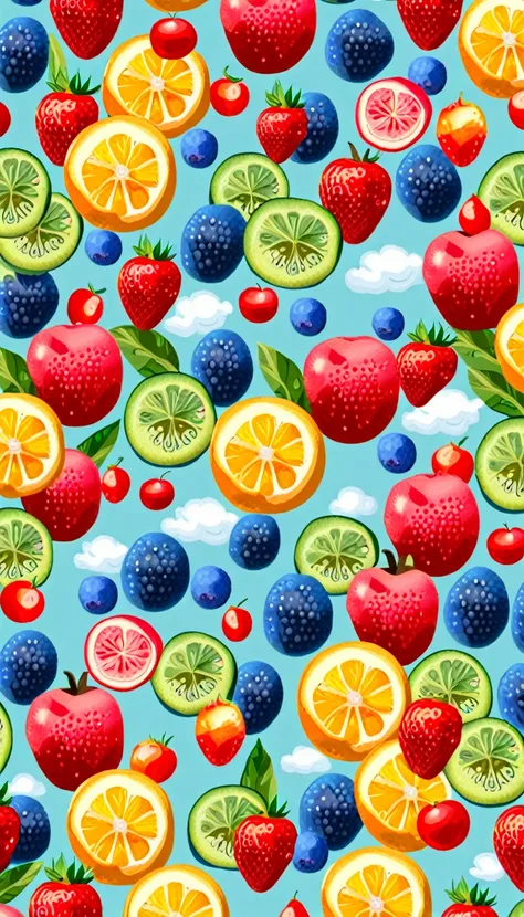 seas of ((colorful fruit and lolipop)) (alot of fruit) in the ((((blue background)))) — ocean breeze, sun-bleached driftwood, an...