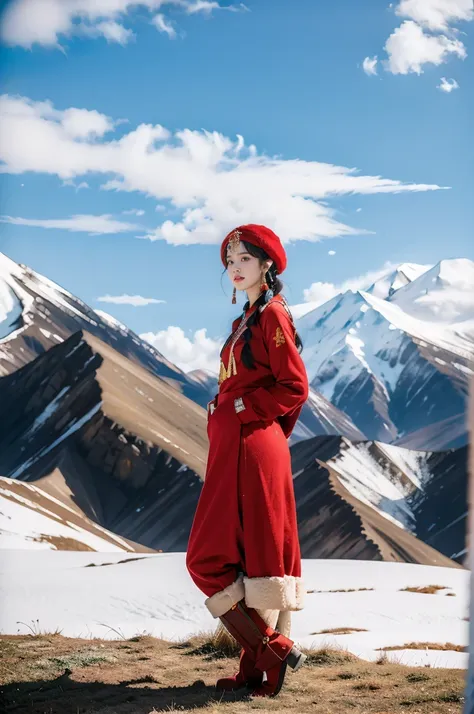 (masterpiece, best quality:1.2),red Tibetan clothing,1 Tibetan girl, blue sky, cloud, cloudy sky, day, earrings,Plush hat, horizon,Tibetan Earrings,jewelry,necklace, lips,snow mountain, outdoors, parted lips, red lips, solo,flat chest,full body,slender leg...