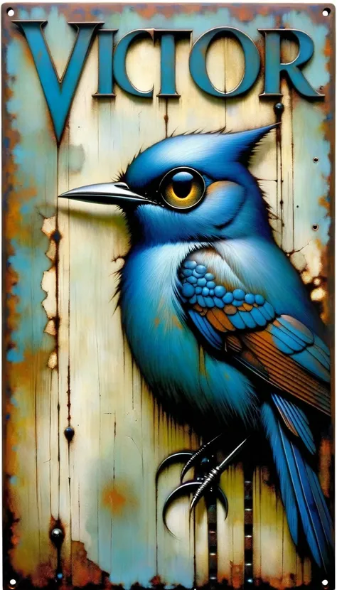 metal sign with rusty blue metal letters, welded letters, screwed letters, gloomy eyes come out from behind the sheet, blue bird in scene ((text in letters: "VICTOR"))Artwork inspired by Dave Mckean, intricate details, oil painted
