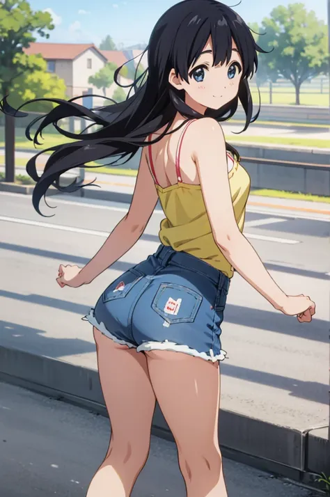 solo, 1girl, tamako kitashirakawa, , looking at viewer, smile, ,,outdoor,socks,camisole,denim shorts,((ass)),from back