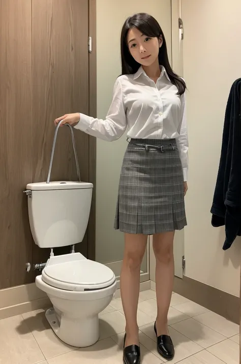 Japanese woman lifting up her suit skirt in front of a toilet seat.