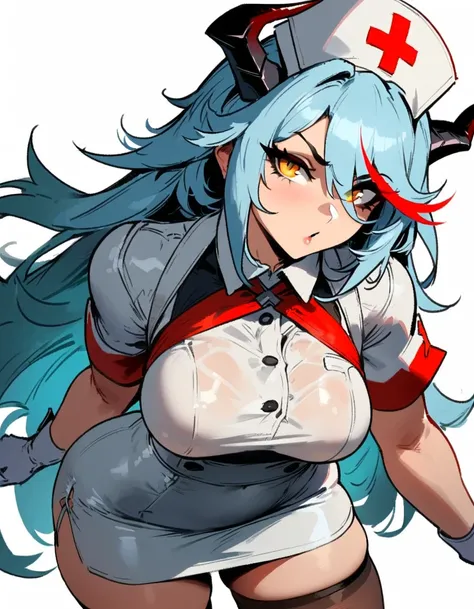 1girl, aegir (azur lane), azur lane  masterpiece, best quality, very aesthetic, absurdres, newest  sportive body,   by nyantcha,,by cutesexyrobutts,by khyle ///// white hair with a single prominent red streak, black horns, yellow eyes,  , white (nurse outf...