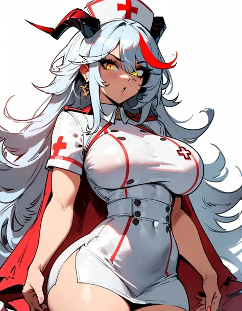 1girl, aegir (azur lane), azur lane  masterpiece, best quality, very aesthetic, absurdres, newest  sportive body,   by nyantcha,,by cutesexyrobutts,by khyle ///// white hair with a single prominent red streak, black horns, yellow eyes,  , white (nurse outf...