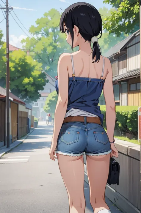 solo, 1girl, tamako kitashirakawa, , looking at viewer, smile, ,,outdoor,socks,camisole,denim shorts,((ass)),from back,(cute hip...