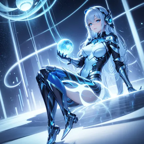 8K, Highest quality, (real:1.4), Original photo, 1 girl, Asari Hair, Biological Amplifier, Very sleek and futuristic armor, posture: Peace talks between warring factions,,attention arousal, smart blue eyes,A modest smile,Knee-high boots,Patent-look blue ti...