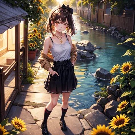 Red, brown, gold, gold hair、Golden Eyes、Hair tied up、One good looking girl、solo、anime、Checkered mini skirt、Ruffles on the skirt、camisole、camisole、Lightweight cardigan、Black knee-high socks、Wearing a baseball cap、Ribbon、Ribbon on waist、Teeth are visible、Sun...