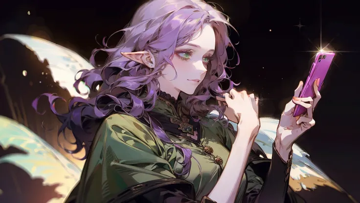 A beautiful, elegant girl with purple hair, green eyes and pale skin. Her hair is long and curly, she has two pretty tufts on the sides. She is an elf girl. elf ears. (slight smile). black background. shes using her cell phone