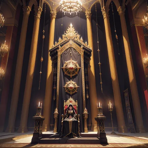 Depict a grand medieval throne room with an imposing, ornately decorated empty throne at its center. The hall should exude an air of regal splendor and ancient history, with banners, tapestries, and chandeliers adding to the majestic ambiance. The emptines...