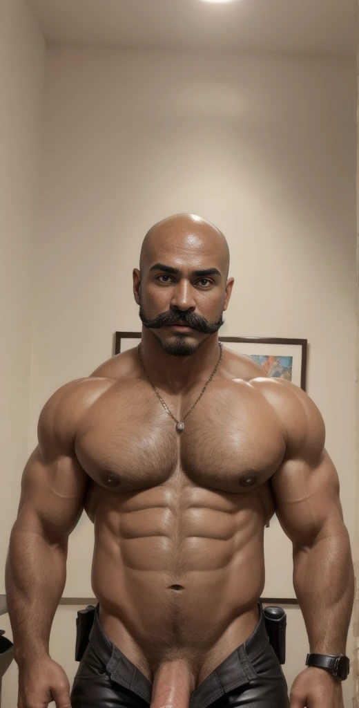 1boy, indian, solo, facial hair,34 yrs old, dom, male focus, flaccid penis, bald head, pectorals, bara, muscular, BundeswehrAlpha, signature mustache, mature male, muscular male, abs, beard, short hair, navel,thick eyebrows, dark-skinned male, erection, th...