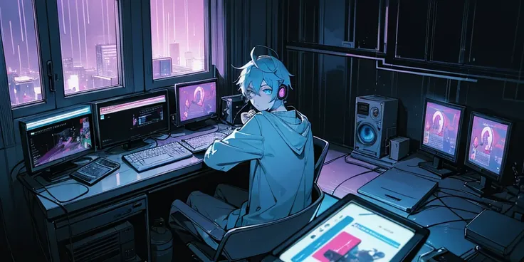 An 16 years old gamer anime boy, looking at computer, so many neon lights, night, rain outside, cozy room, closed window, boy and computer is close to window, boy wears gamer headphone, boy is at left, high quality face and eyes