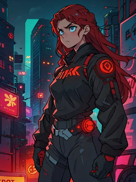 A cinematographic scene of a serious badass long red hair girl with black techwear clothes, Neon lights and buildings background