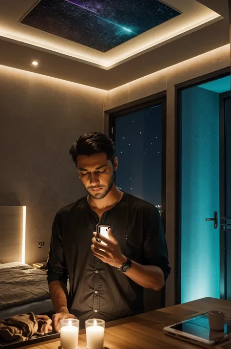 In night a man in shock watching glowing  phone notification  a decorate room 