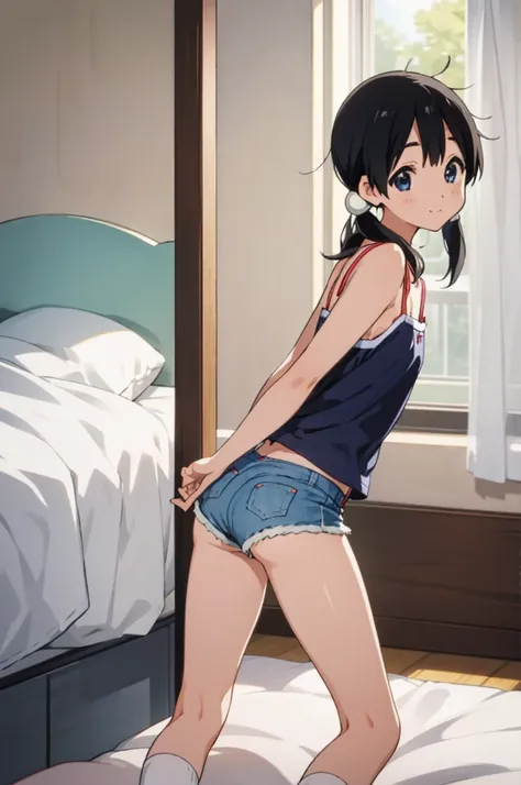  solo, 1girl, tamako kitashirakawa, , looking at viewer, smile, ,,my room,socks,camisole,denim shorts,((ass)),from back,(cute hip,sexy hip,small hip)