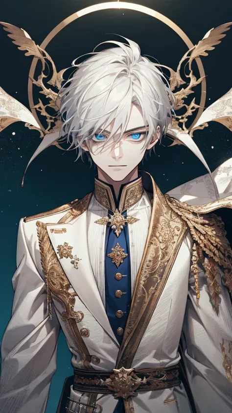 (extreamly delicate and beautiful:1.2), 8K,(шедевр:1.0),(best_quality:1.0), 1boy, and intricate detailing, Enlarged textures, and intricate detailing, finely eye and detailed face, and intricate detailing, white outfit, ruinscape background, (closed mouths...