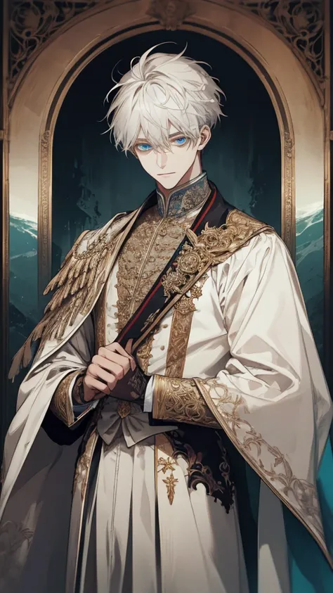 (extreamly delicate and beautiful:1.2), 8K,(шедевр:1.0),(best_quality:1.0), 1boy, and intricate detailing, Enlarged textures, and intricate detailing, finely eye and detailed face, and intricate detailing, white outfit, ruinscape background, (closed mouths...