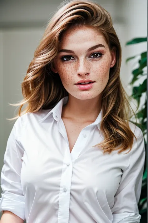 glamour photography, photo of fay3, sitting at a desk, (wearing a white business shirt:1.2), (freckles:0.8), beautiful makeup, s...