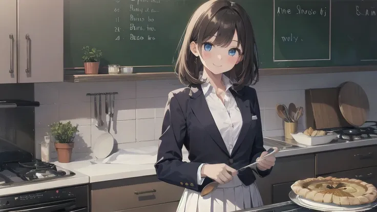 In one girl、fun、High school blazer with popular design、white shirt、pleated skirt、white skirt、（small breasts, brown hair,school ,blue eyes, de pie, smiling, lazo color rojo, clase de cocina, cocinando