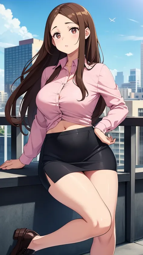 A girl with light skin, sexy, cute, leaders, long brown hair, her brown eye, wears a pink button-down blouse, shows her navel, and a short blue skirt, black shoe, and she travels, flying, sky, city background.