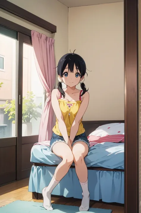 solo, 1girl, tamako kitashirakawa, , looking at viewer, smile, ,,my room,socks,camisole,denim shorts,nave