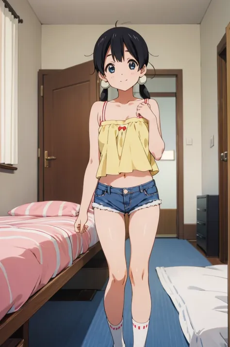 solo, 1girl, tamako kitashirakawa, , looking at viewer, smile, ,,my room,socks,camisole,denim shorts,navel